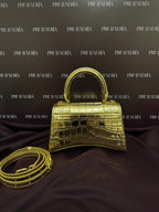 Balenciaga Metallic Crocodile Embossed Hourglass XS in Gold
