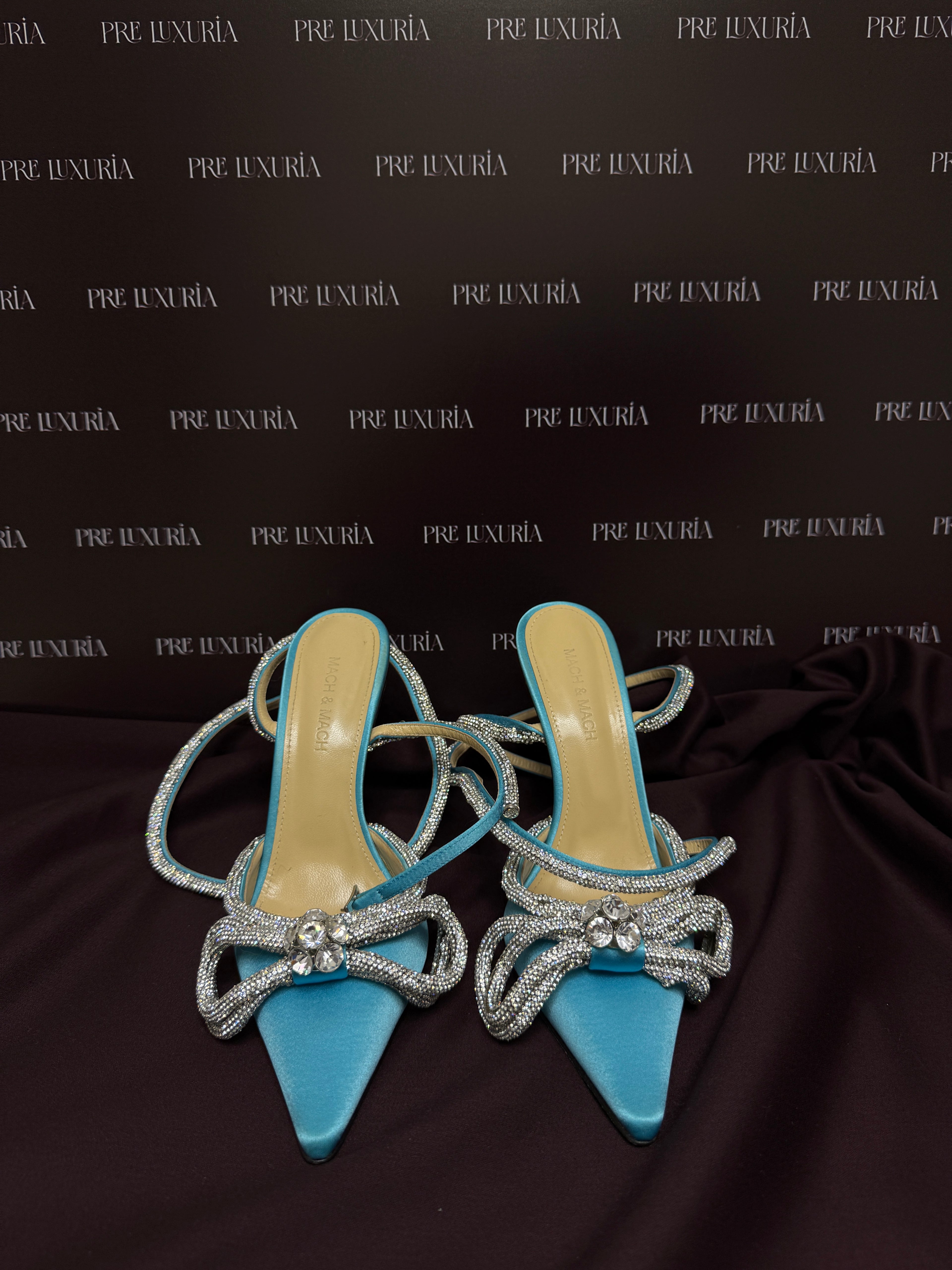 Mach & Mach Double Bow Satin Pumps in Blue EU37