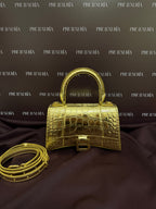 Balenciaga Metallic Crocodile Embossed Hourglass XS in Gold