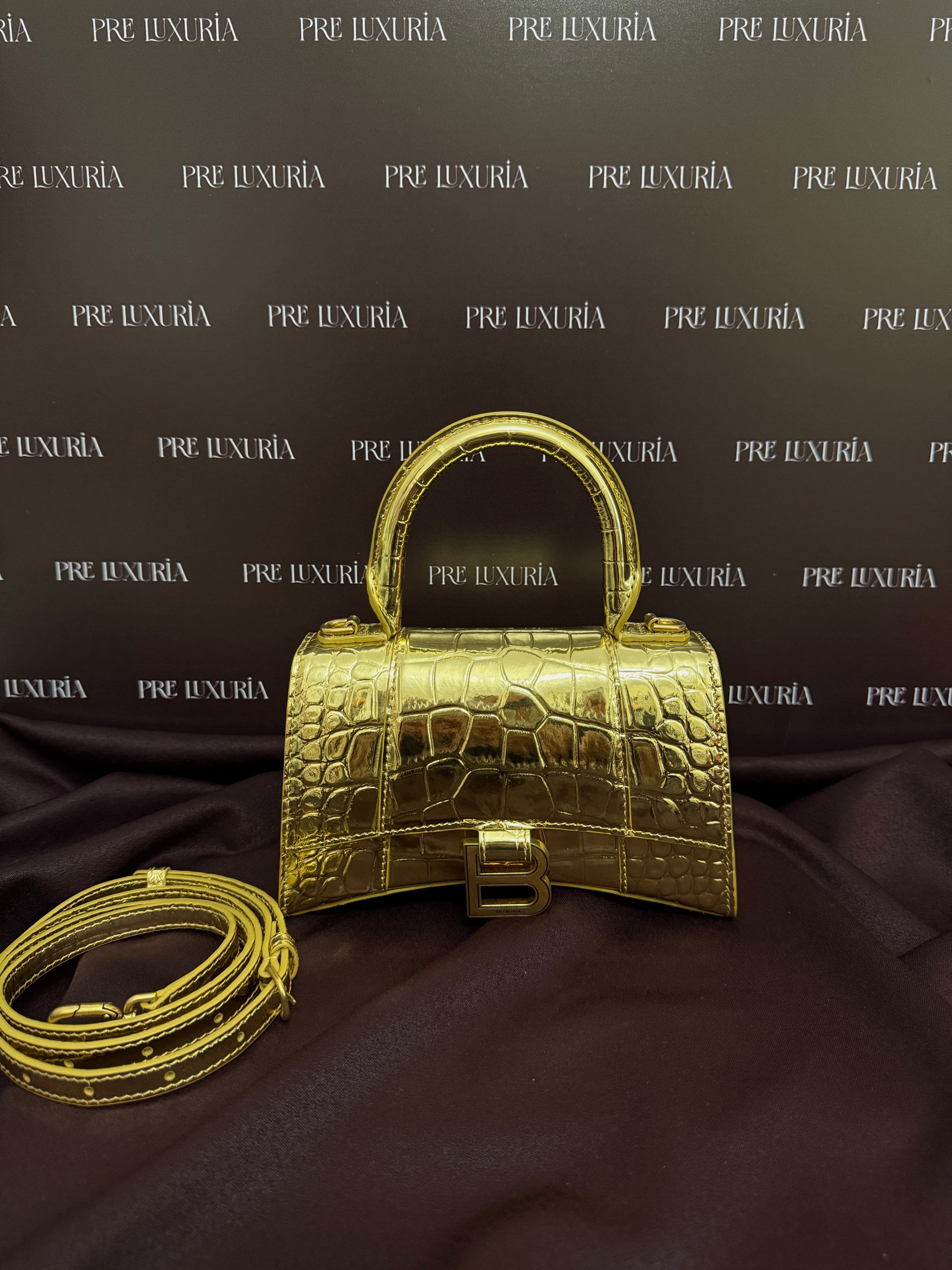 Balenciaga Metallic Crocodile Embossed Hourglass XS in Gold