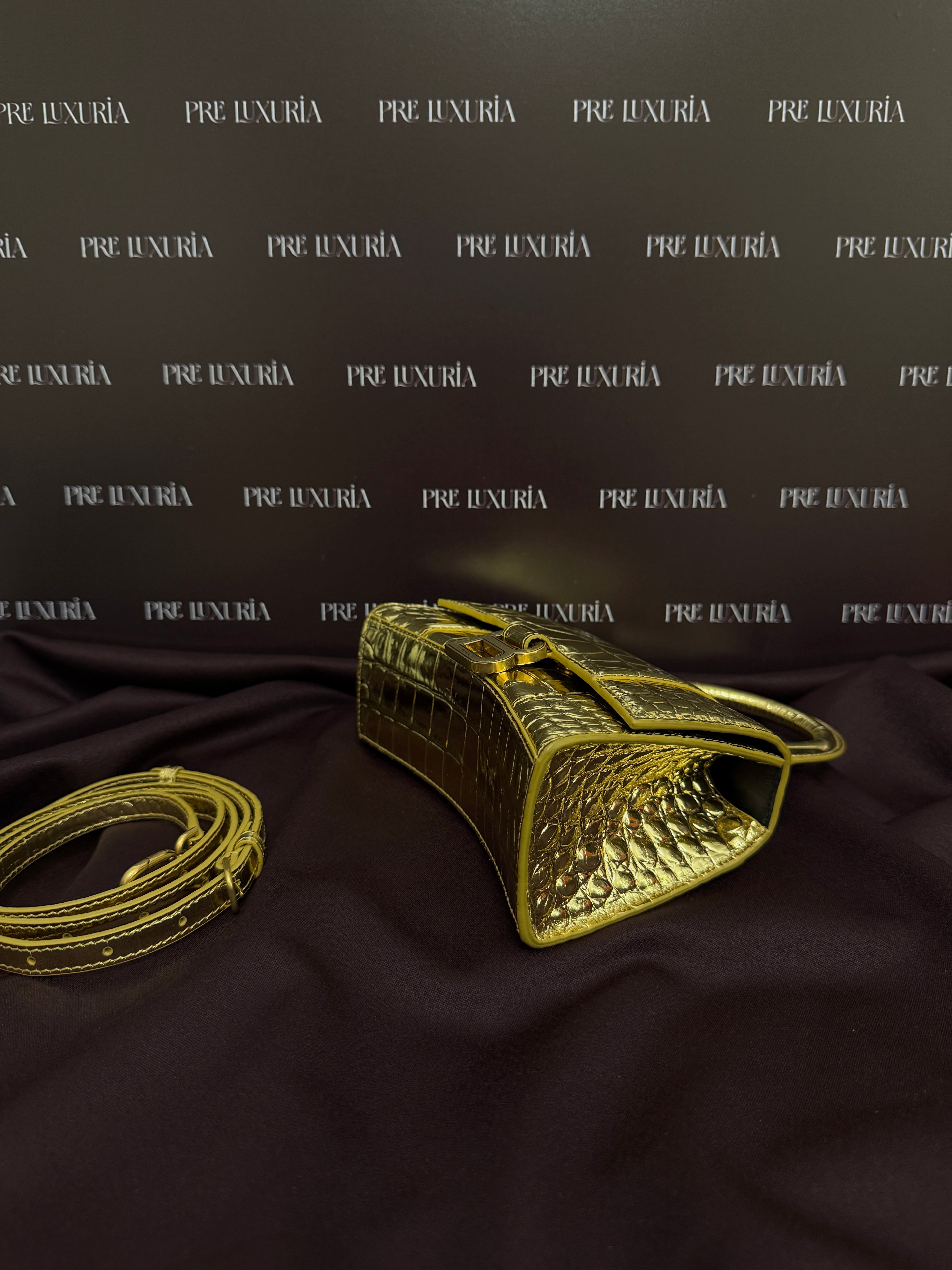 Balenciaga Metallic Crocodile Embossed Hourglass XS in Gold