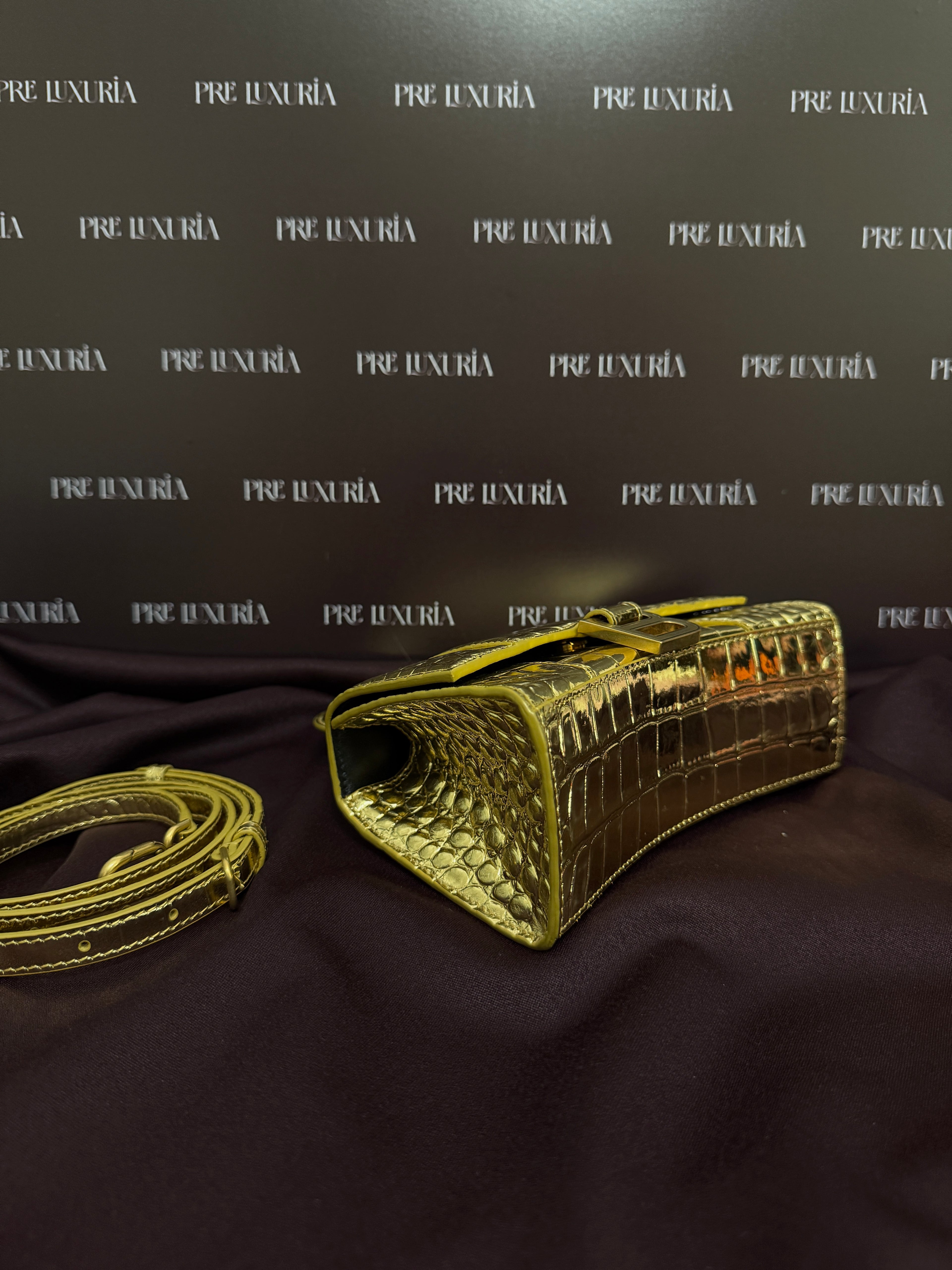 Balenciaga Metallic Crocodile Embossed Hourglass XS in Gold